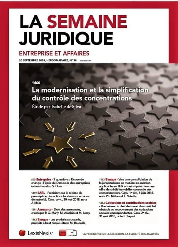 Couverture du magazine 'La Semaine Juridique' du 20 septembre 2018, mettant en avant un article sur la modernisation du contrôle des concentrations avec des étoiles dorées en arrière-plan.