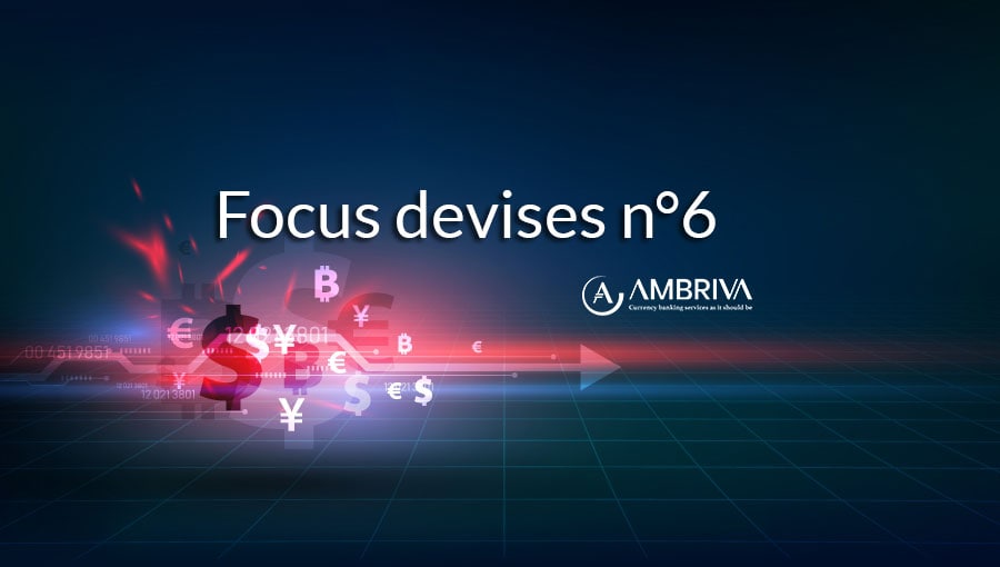 Visuel numérique avec le texte 'Focus devises n°6' sur fond sombre, mettant en avant divers symboles de devises internationales comme le dollar, l'euro, le yen et la livre sterling, illustrant les stratégies avancées de gestion du risque de change pour 2025.